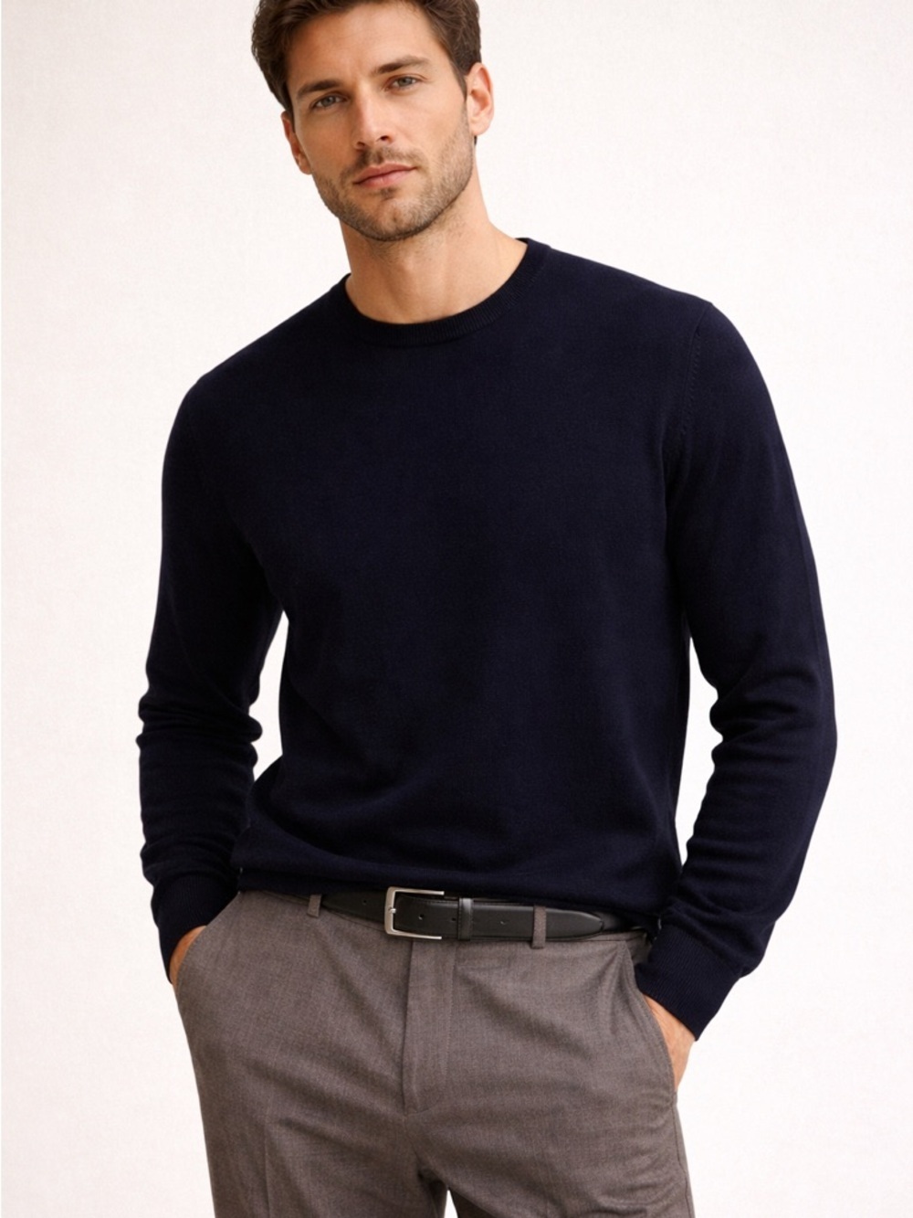 Zara Men’s Navy Crewneck Sweater Minimal Classic Knit Size XL